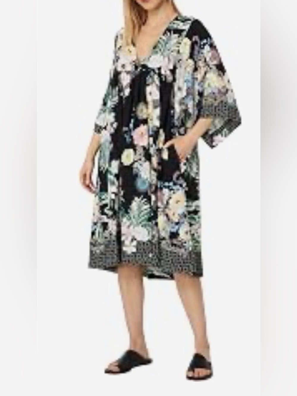 Johnny Was Black Floral Tropical Print Dress